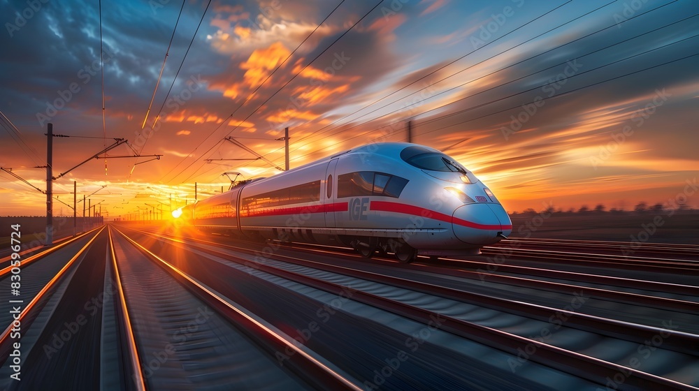 Fototapeta premium High Speed Train Rushing Through Picturesque Countryside at Dramatic Sunset