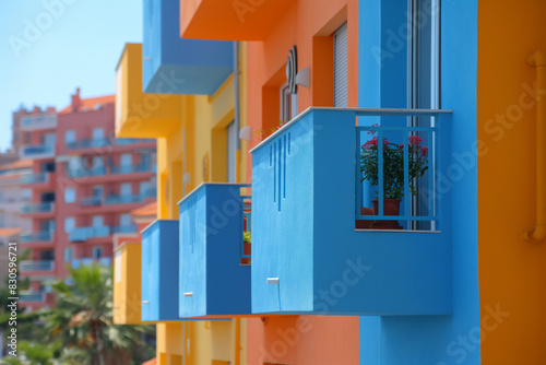 Colorful modern apartment building with vibrant blue, orange, and yellow balconies, showcasing a cheerful and contemporary architectural style. photo