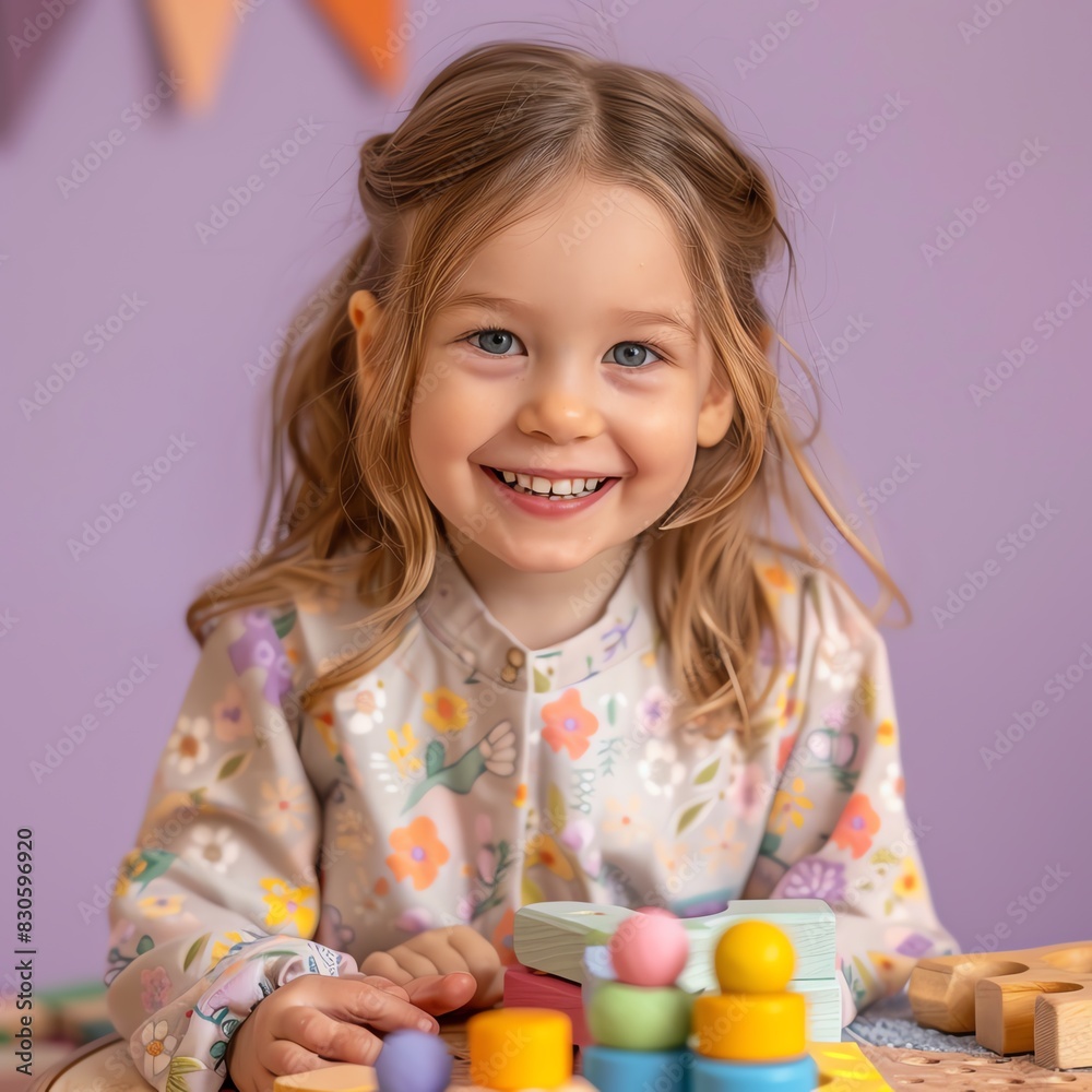 Delighted 4yearold using Montessori materials, focused and happy, soft purple pink background, highdefinition and colorful Delighted 4yearold using Montessori materials, focused and happy, soft purple pink background, highdefinition and colorful