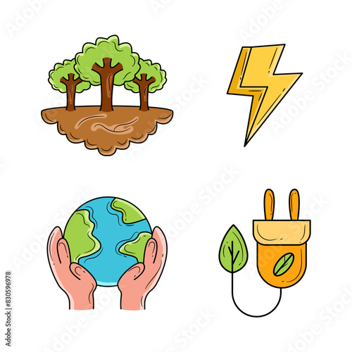 Set of World Environment Day style Doodle colorful. Vector Illustration