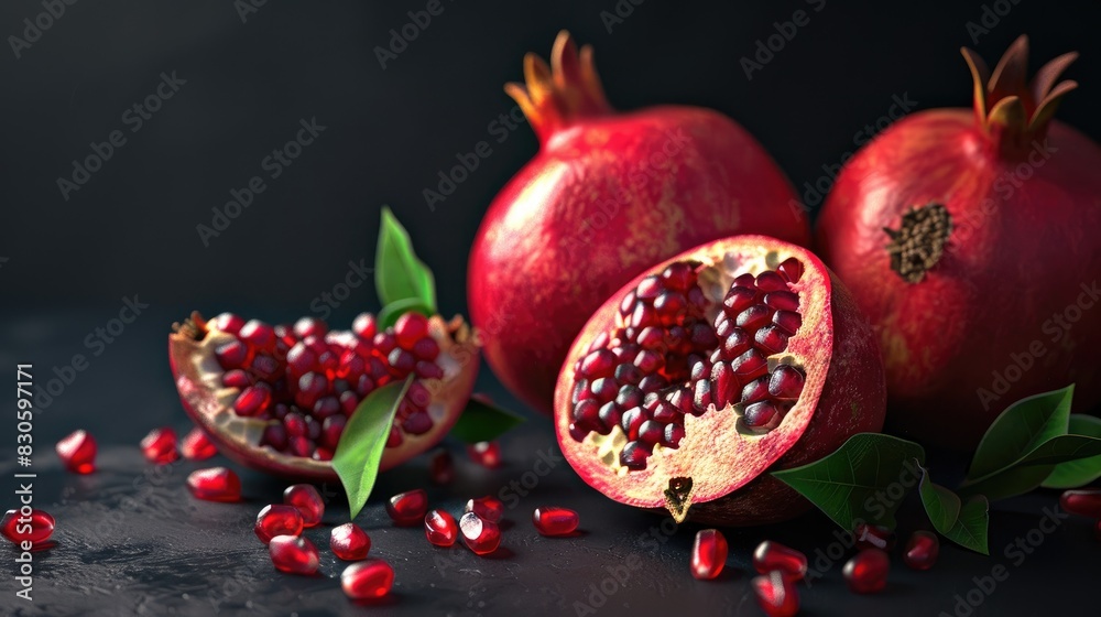 Pomegranates with detailed seeds on a black backdrop Pomegranates with detailed seeds on a black backdrop