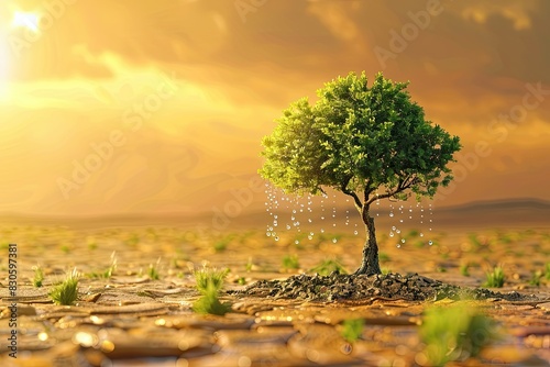 a tree with droplets of water growing in a desert 