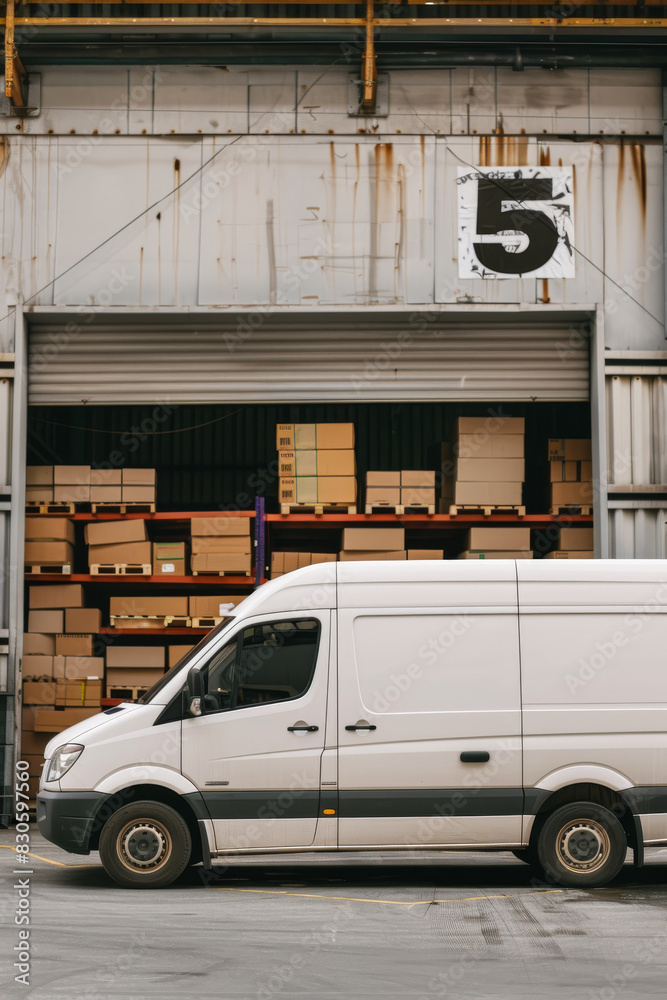 White Cargo Van Loaded with Boxes Parked by a Warehouse White Cargo Van Loaded with Boxes Parked by a Warehouse