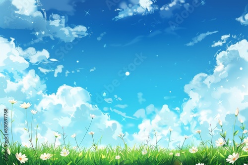 Beautiful anime background, blue sky with clouds, high resolution, vector illustration, details, beautiful background, digital art style, hand drawing painting illustration.