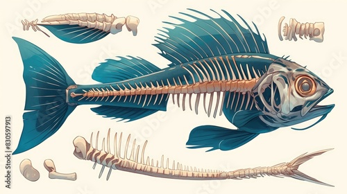 The skeletal system of fish comprises key components like the vertebral column jaws ribs cranium and intricate intramuscular bones as depicted in a detailed cartoon medical illustration photo