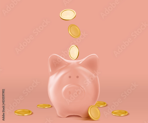 Piggy bank with stack of gold coin, saving or save money or open a bank deposit concept. Realistic vector