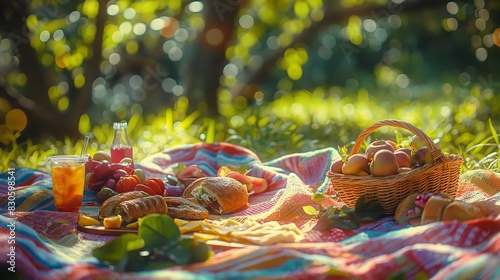 Sunlit Picnic: A Feast of Fruits and Fresh Juice in Nature's Embrace photo