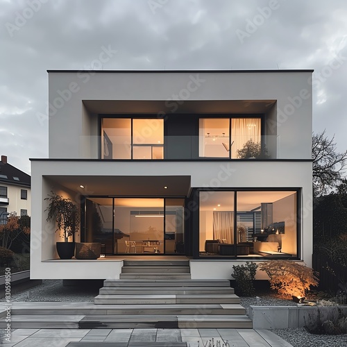 Minimalist home exterior, elegant simplicity, modern architecture, clean lines, no furnishings or plants photo