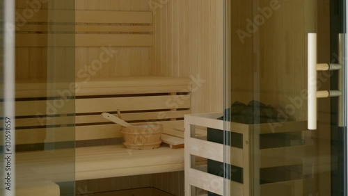 Luxurious modern design with traditional elements in a wooden sauna, spa accessories