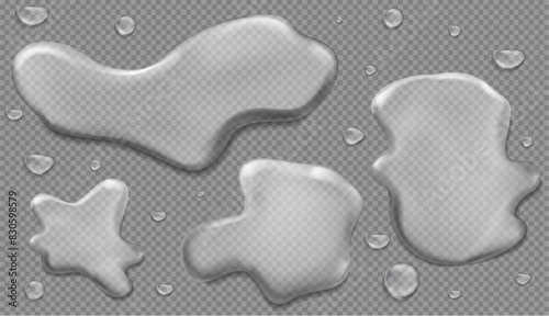 Water spill puddles top view set, aqua liquid splashes with scattered drops vector Illustration