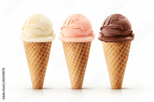 Variety of png ice cream scoops on waffle cones isolated on white background for graphic design