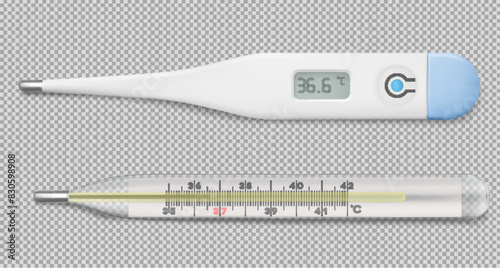 Vector realistic electronic medical thermometer for measuring. Design template of digital thermometer showing temperature. Top view