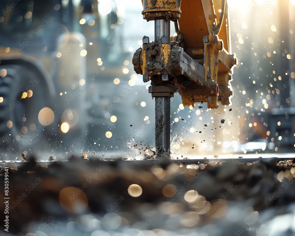 Close-up of a hydraulic breaker attachment in action, mounted on a yellow excavator at a construction site, with sunlight and dust in the air. Close-up of a hydraulic breaker attachment in action, mounted on a yellow excavator at a construction site, with sunlight and dust in the air.