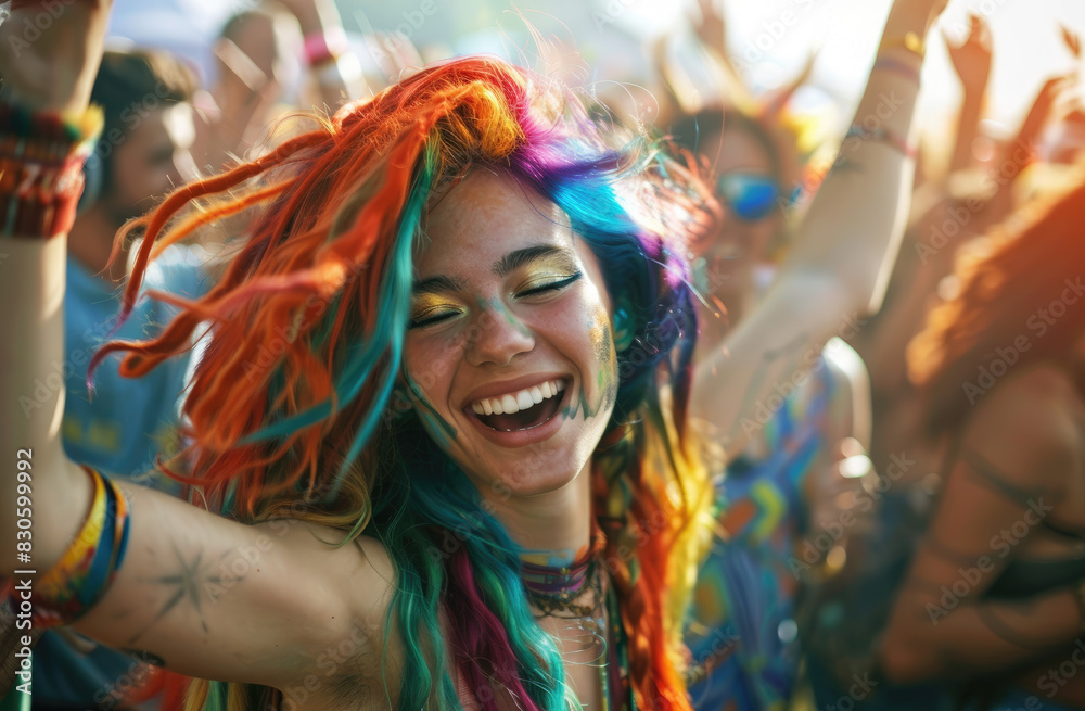 A group of friends were having fun at an outdoor music festival. One person was in the foreground wearing colorful hair and smiling while dancing