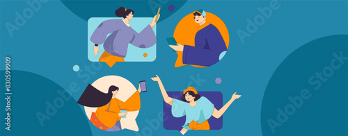 Virtual characters social communication concept business flat vector hand drawn illustration
