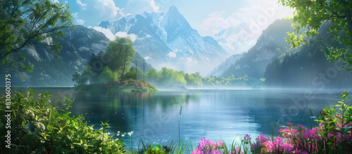 A serene lake surrounded by lush greenery and colorful trees. Created with Ai