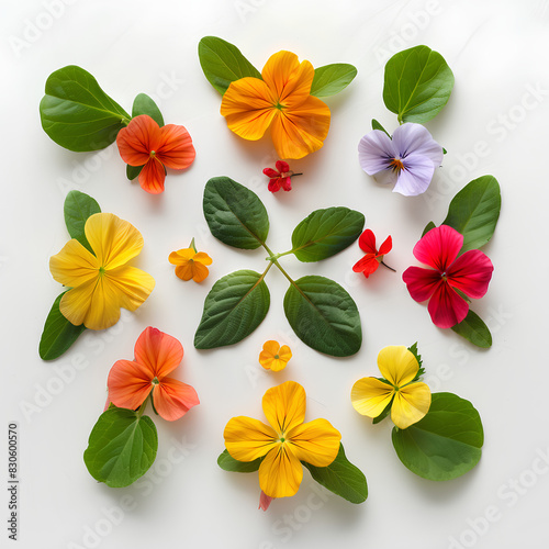 From the top view of Tigirdia Tropaeolum majus Viola tricolor Vinca difformis flowers bloom ornamental isolate on white background