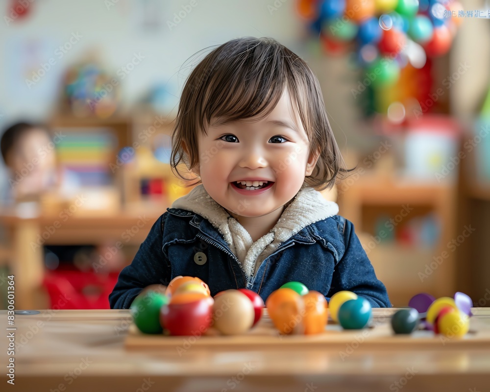 Joyful toddler with Montessori objects, softly blurred classroom backdrop, vibrant and engaging scene Joyful toddler with Montessori objects, softly blurred classroom backdrop, vibrant and engaging scene