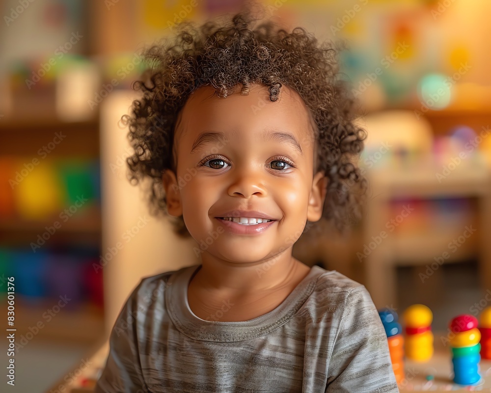 Joyful toddler with Montessori objects, softly blurred classroom backdrop, vibrant and engaging scene Joyful toddler with Montessori objects, softly blurred classroom backdrop, vibrant and engaging scene