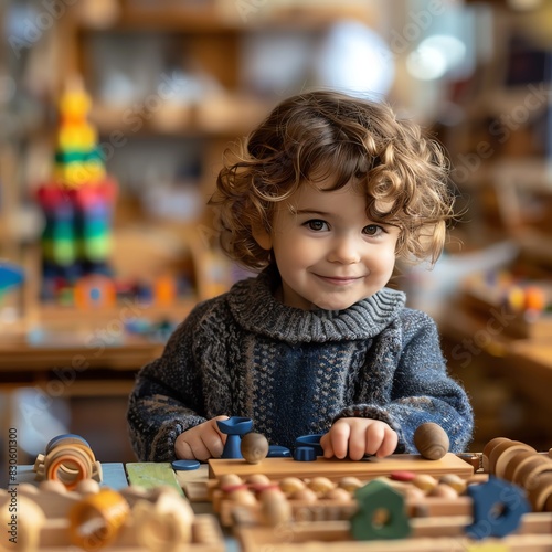 Happy toddler exploring Montessori tools, softly blurred classroom setting, colorful and lively photo