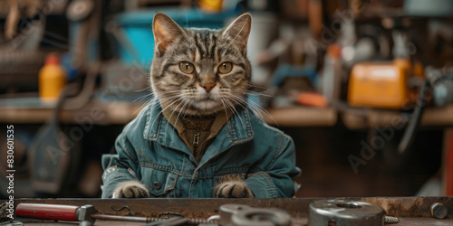 Focused Cat Wearing a Mechanics Uniform Posing in a Workshop