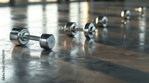 A set of dumbbells are laying on the floor in a gym. The room is empty and the dumbbells are the only objects in the space