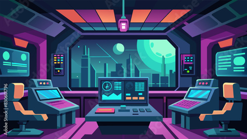 The hum of powerful computers and the soft glow of digital screens create a futuristic atmosphere within the control center resembling soing out of a science fiction movie.. Vector illustration
