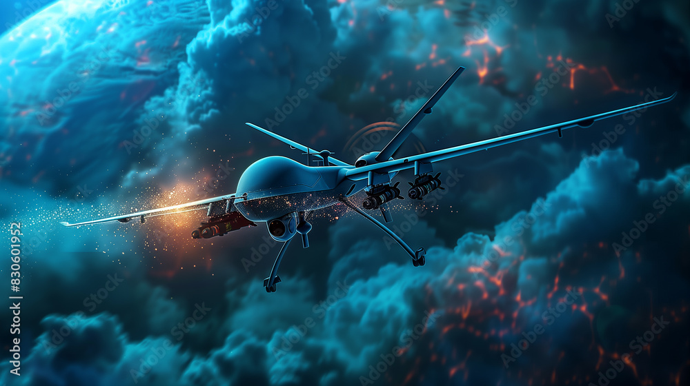 Naklejka premium A military drone is flying through the sky, with a red circle in the background. The image has a mood of tension and conflict, as the drone is likely being used for military purposes