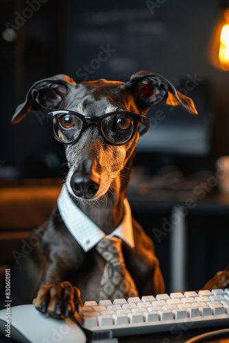 A dog wearing glasses and a tie is sitting in front of a computer keyboard