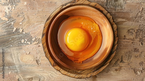 Separated Fresh Chicken Egg Yolk in Bowl for Cooking Recipe Organic Yolks on Wooden Plate from Top View