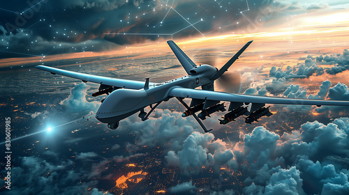 A military drone is flying through the sky, with a red circle in the background. The image has a mood of tension and conflict, as the drone is likely being used for military purposes