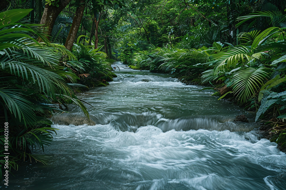 Serene Stream Flowing Through Lush Greenery in a Peaceful Countryside Setting Serene Stream Flowing Through Lush Greenery in a Peaceful Countryside Setting