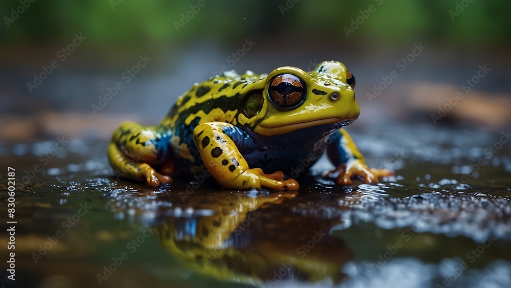 portrait of a beautifully patterned frog relaxing on a tree trunk with a blurred background portrait of a beautifully patterned frog relaxing on a tree trunk with a blurred background