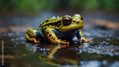 portrait of a beautifully patterned frog relaxing on a tree trunk with a blurred background © Rizal