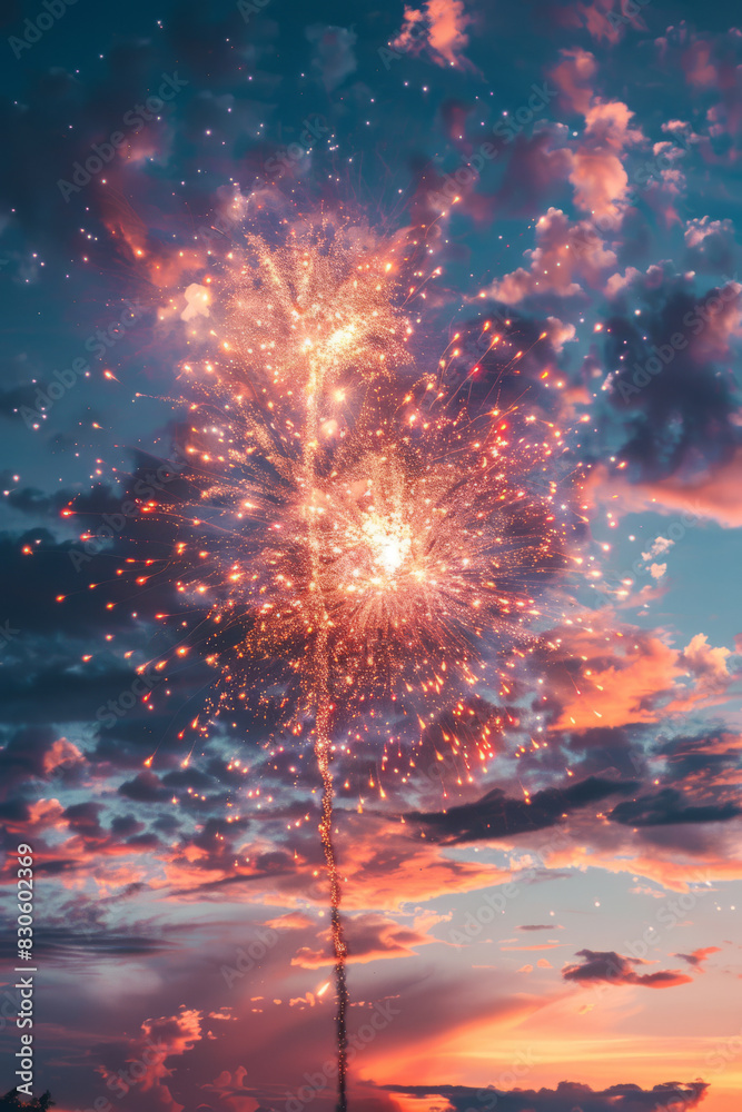 Fototapeta premium Fireworks Bursting in Dusk Sky Reflecting Vibrant Sunset Hues