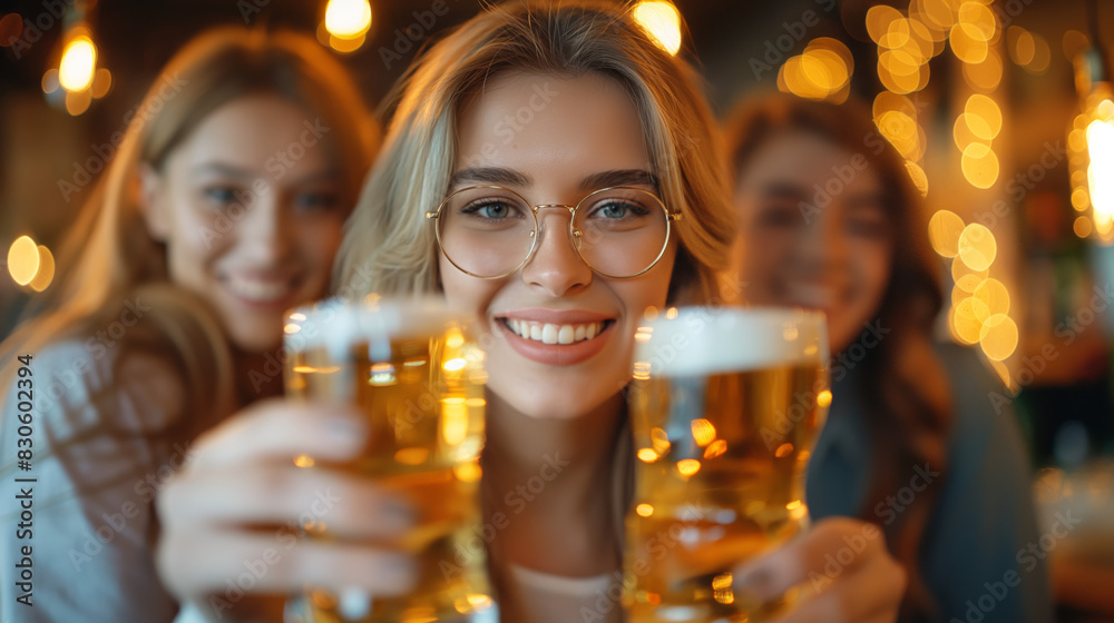 Smiling women toasting with beer in a lively bar setting, celebrating friendship and good times. Smiling women toasting with beer in a lively bar setting, celebrating friendship and good times.