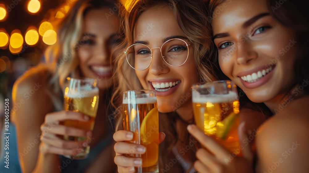 Three smiling women enjoying cold beers in a lively bar setting, with warm lighting and happy expressions, creating a joyful atmosphere. Three smiling women enjoying cold beers in a lively bar setting, with warm lighting and happy expressions, creating a joyful atmosphere.