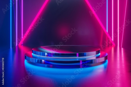 This futuristic crystal pedestal lit up with neon lights is ideal for presentations related to technology and sci-fi themes.