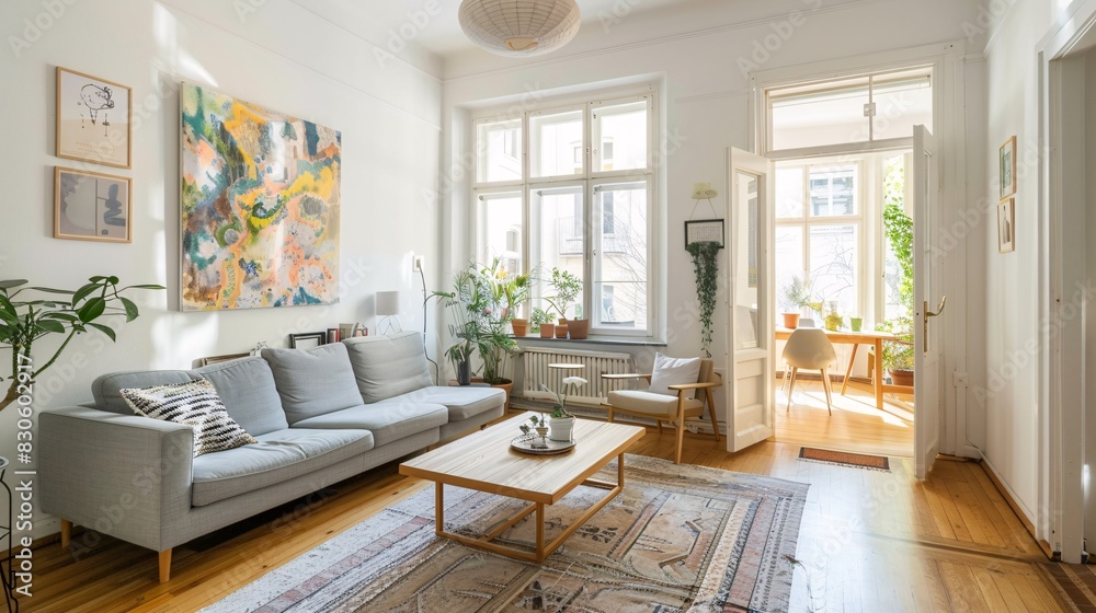 A Scandinavianstyle living room with light grey sofa, wooden flooring and white walls, featuring an abstract painting on the wall above the couch. The space is filled with natural sunlight streaming A Scandinavianstyle living room with light grey sofa, wooden flooring and white walls, featuring an abstract painting on the wall above the couch. The space is filled with natural sunlight streaming