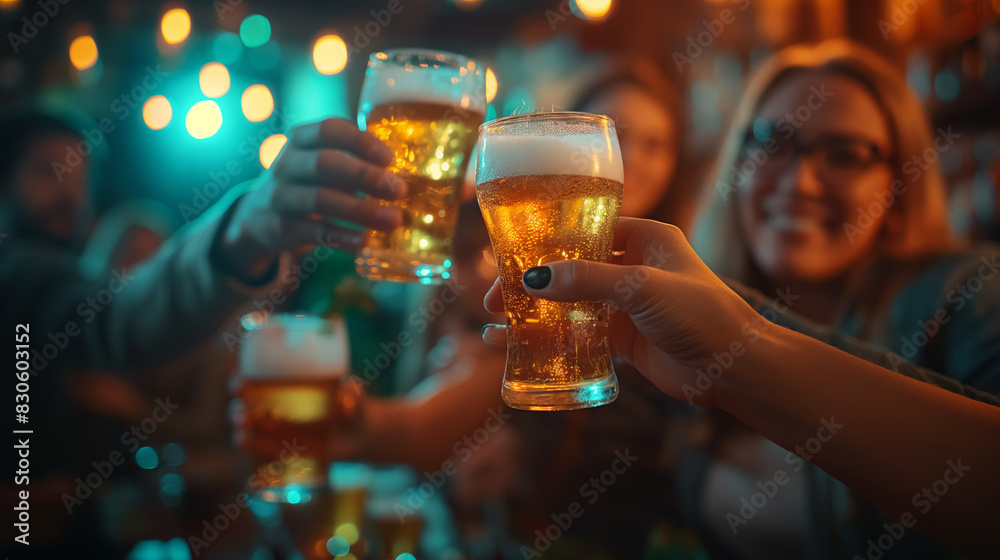 Friends clinking glasses of beer in a lively bar, celebrating and enjoying drinks in a fun, vibrant atmosphere. Friends clinking glasses of beer in a lively bar, celebrating and enjoying drinks in a fun, vibrant atmosphere.