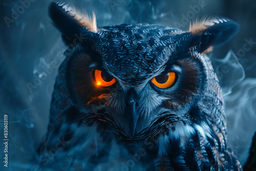 A large owl with bright orange eyes is staring at the camera