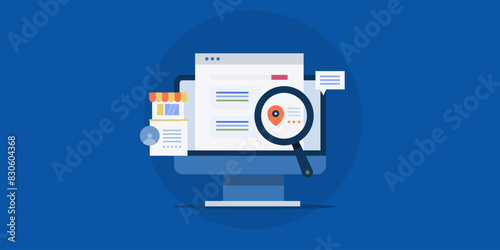 Local business review on search engine page, Local shop pin map information SEO optimization concept, vector illustration.