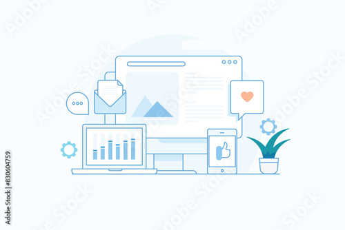 Digital marketing social media email campaign report, business analytics intelligent software application vector illustration filled outline concept.