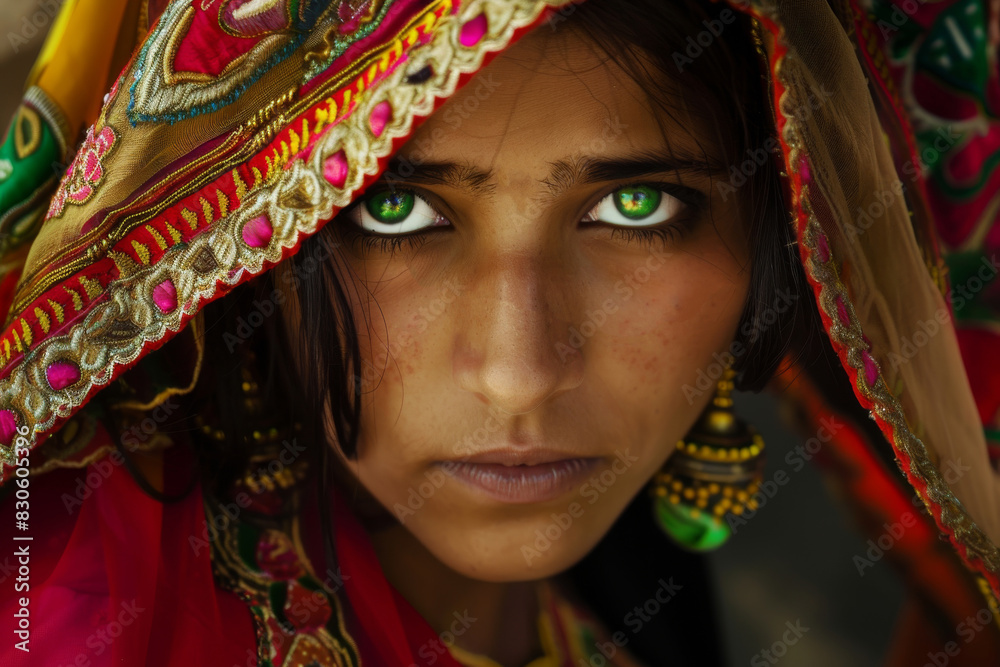 Young South Asian Woman Adorned in Vibrant Traditional Attire with Intense Green Eyes
