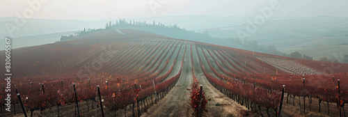 Red vineyard lines on a hazy day Emilia Romag,
Bucolic countryside landscape with rows of grapevine over hill, in a foggy day near Bento Goncalves. photo