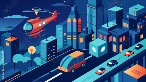 From above the busy streets look calm and serene as the eVTOLs glide by effortlessly offering a unique and exhilarating way to experience the city at night.. Vector illustration