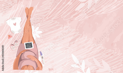 Modern pregnancy and motherhood background, top view of pregnant woman with positive pregnancy test and baby clothes, waiting for baby to be born.