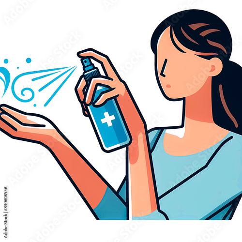Vector illustration of young woman spraying alcohol on her hands on a white background, minimalist style. photo