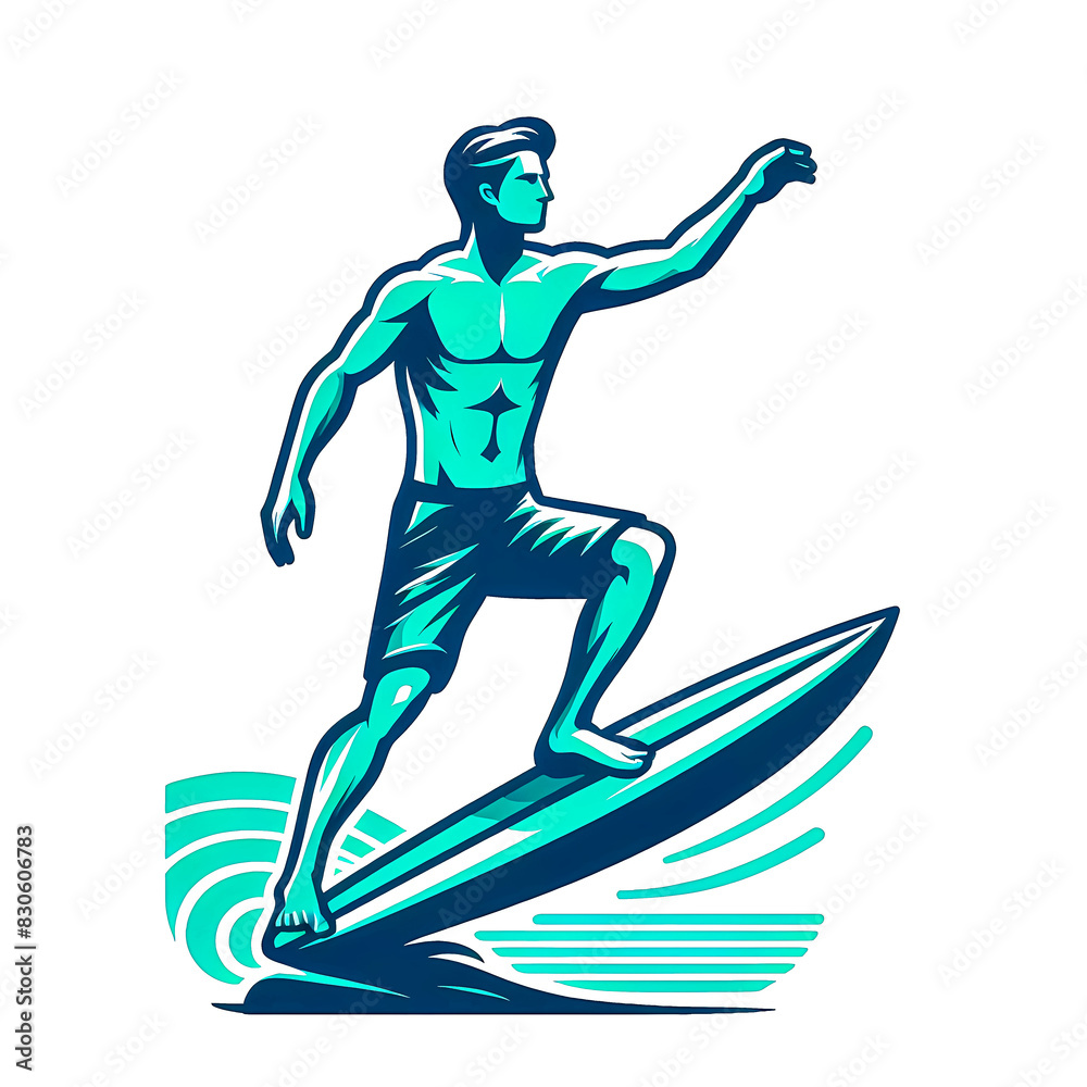 Vector illustration of a young man playing a surfboard on a white background, minimalist style.