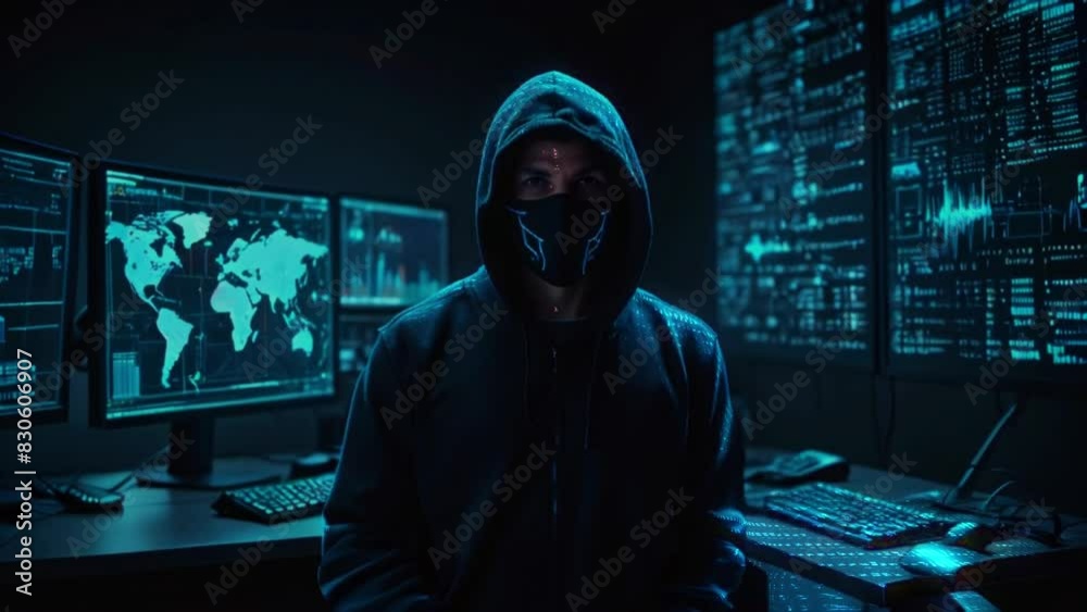 A Hacker in a dark room wearing a black hoodie and a mask, with computer screens showing a world map and lines of code in the background. A Hacker in a dark room wearing a black hoodie and a mask, with computer screens showing a world map and lines of code in the background.